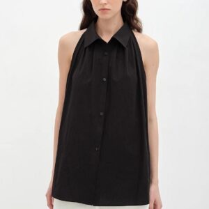 "Poland Island" imported pure cotton stand-up collar sleeveless striped shirt temperament top for women