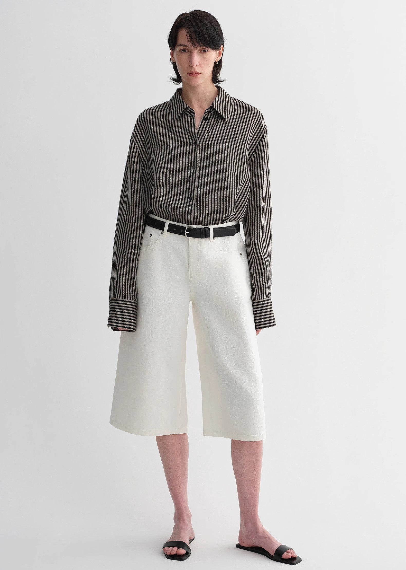 100% linen classic silhouette pinstripe lapel wide breathable long sleeve spring and summer shirt for women - Image 5