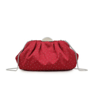 Cherry Red Embellished Satin Ruched Clutch Bag