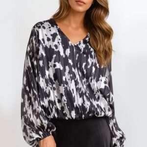 Black Animal Print V Neck Blouse