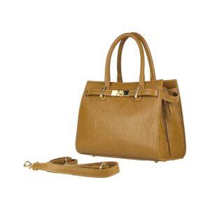 RB1016S | Women's Hand Bag in Genuine Leather Made in Italy with removable shoulder strap. Shiny Gold metal snap hook attachments - Cognac color - Dimensions: cm 28 x 20 x 14 + 12.5