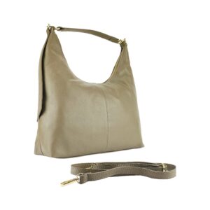 RB1017AQ | Women's Soft Shoulder Bag in Genuine Leather Made in Italy with single handle and removable shoulder strap. Shiny Gold metal snap hook attachments - Taupe color - Dimensions: cm 36 x 40 x 13