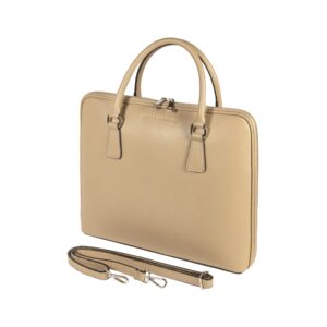 RB1019AQ | Made in Italy Genuine Leather Unisex Business Briefcase with removable shoulder strap. Polished Nickel metal snap hook attachments - Taupe color - Dimensions: cm 37 x 29 x 6.5