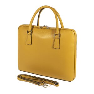 RB1019AR | Made in Italy Genuine Leather Unisex Business Briefcase with removable shoulder strap. Shiny Nickel metal snap hook attachments - Mustard color - Dimensions: cm 37 x 29 x 6.5