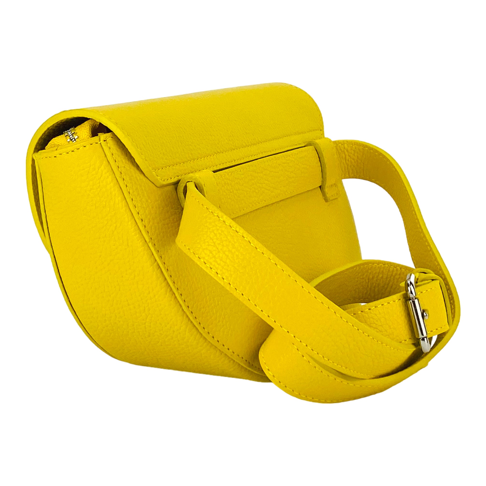 RB1027R | Women's Rounded Bandolier Bag in Genuine Leather Made in Italy. Removable and adjustable leather shoulder strap. Polished Nickel hardware - Yellow color - Dimensions: 25 x 15 x 9 cm. - Image 4