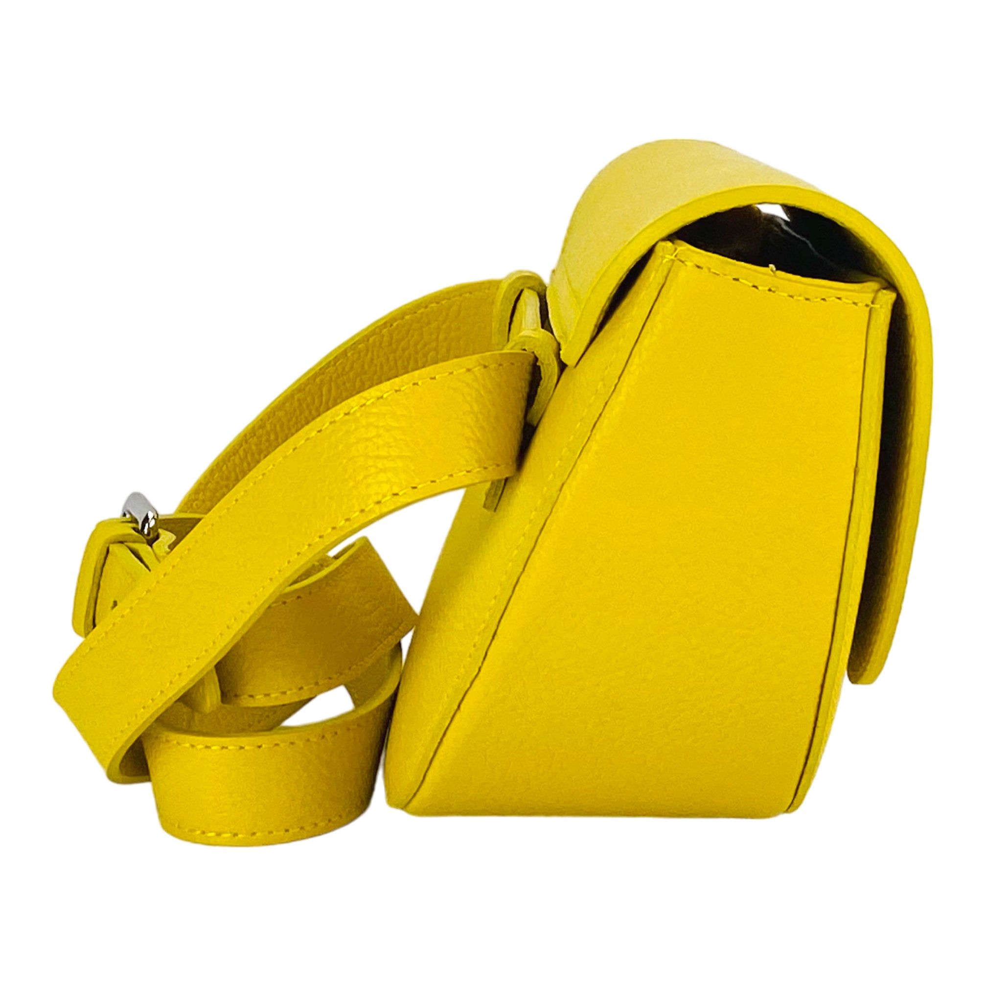 RB1027R | Women's Rounded Bandolier Bag in Genuine Leather Made in Italy. Removable and adjustable leather shoulder strap. Polished Nickel hardware - Yellow color - Dimensions: 25 x 15 x 9 cm. - Image 5