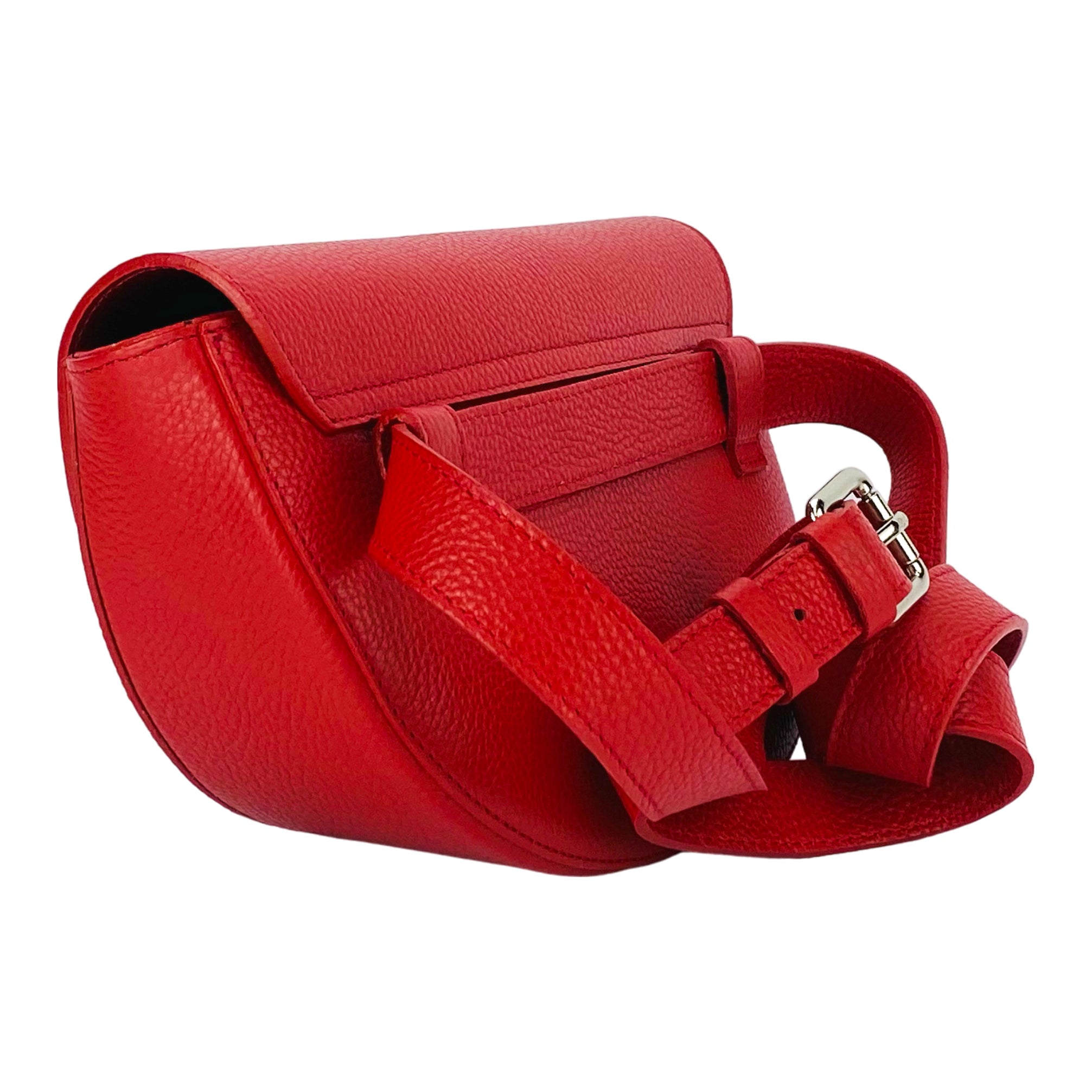 RB1027V | Women's Rounded Bandolier Bag in Genuine Leather Made in Italy. Removable and adjustable leather shoulder strap. Shiny Nickel hardware - Red color - Dimensions: 25 x 15 x 9 cm. - Image 4