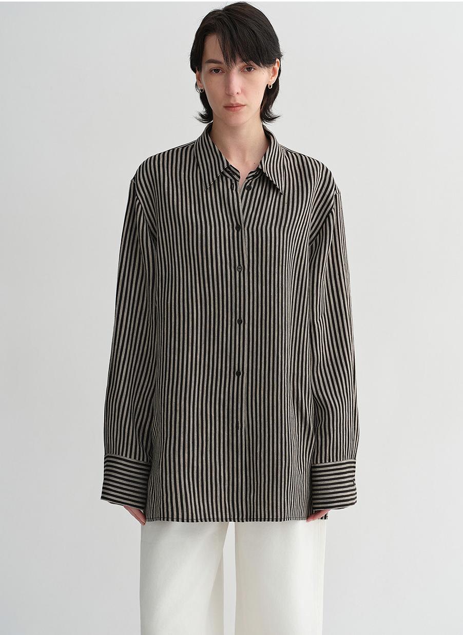 100% linen classic silhouette pinstripe lapel wide breathable long sleeve spring and summer shirt for women - Image 9