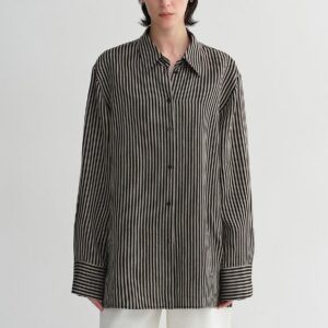 100% linen classic silhouette pinstripe lapel wide breathable long sleeve spring and summer shirt for women